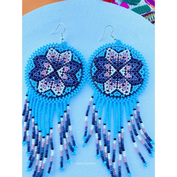 Mexican Earrings, Huichol Earrings, Handmade Earrings, Colorful Huichol Earrings - Picture 3 of 6